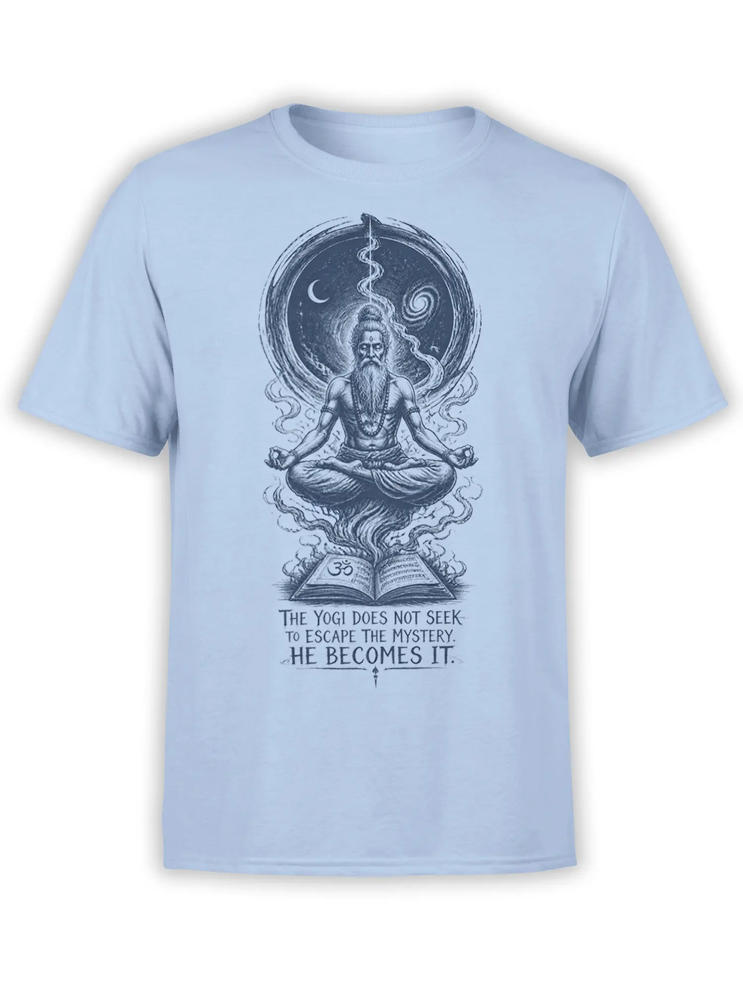 Light blue yoga T-shirt featuring a meditating yogi, crescent moon, Om symbol, open book, and mystery quote