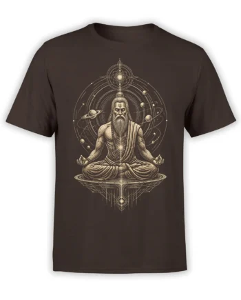 Brown T-shirt with a bearded meditating sage surrounded by planets, orbit lines, and geometric celestial symbols
