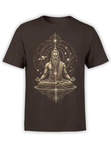 Brown T-shirt with a bearded meditating sage surrounded by planets, orbit lines, and geometric celestial symbols