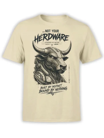 Armored mechanical bull graphic on a beige T-shirt with “Not Your Hardware” text