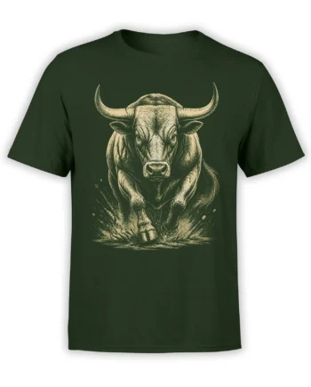 Dark green T-shirt with a vintage cream engraving of a powerful horned bull facing forward