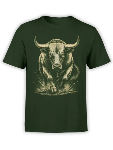 Dark green T-shirt with a vintage cream engraving of a powerful horned bull facing forward