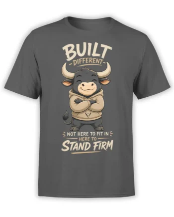 Gray T-shirt with a cartoon bull in a hoodie and bold Built Different Stand Firm lettering