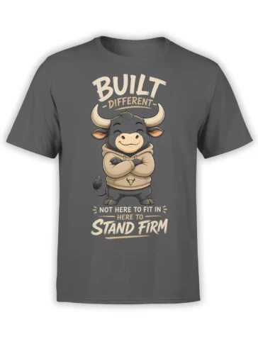 Gray T-shirt with a cartoon bull in a hoodie and bold Built Different Stand Firm lettering
