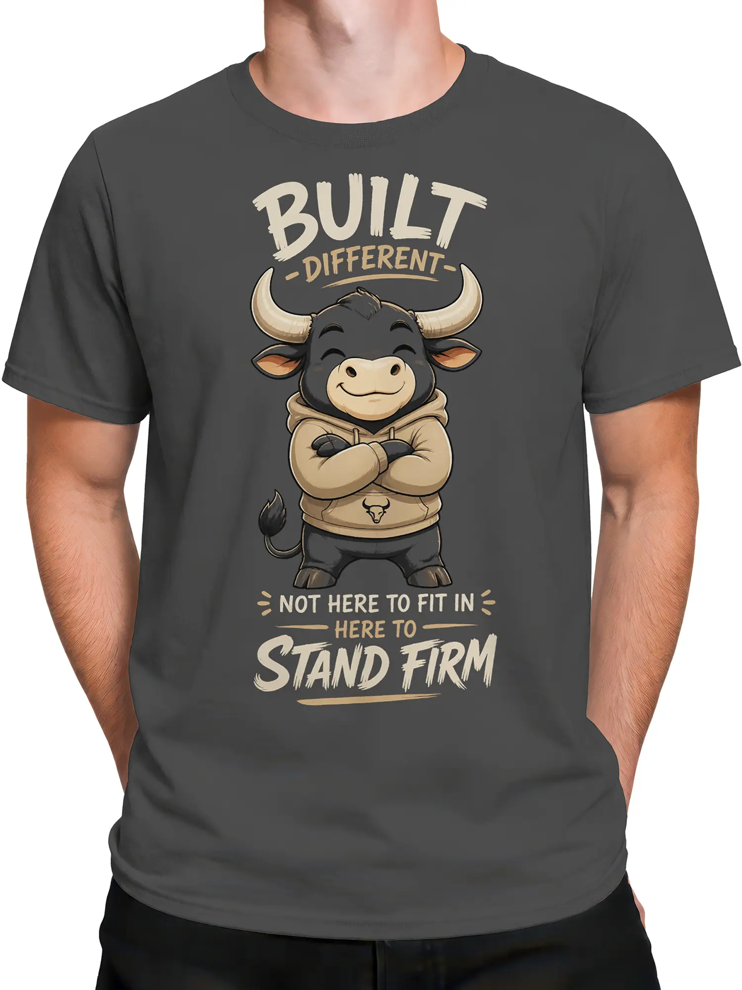 Male torso wearing a gray bull T-shirt with bold motivational graphic artwork