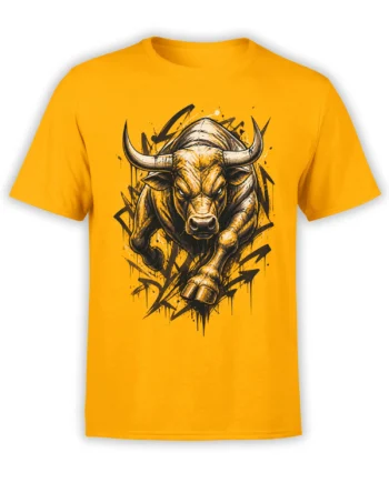 Intense horned bull graphic on an orange T-shirt with black geometric marks and ink splashes