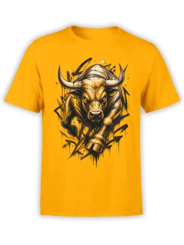 Intense horned bull graphic on an orange T-shirt with black geometric marks and ink splashes
