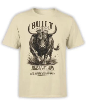 Beige bull T-shirt with a charging horned bull and vintage “Built on Purpose” artwork