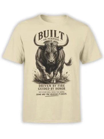 Beige bull T-shirt with a charging horned bull and vintage “Built on Purpose” artwork