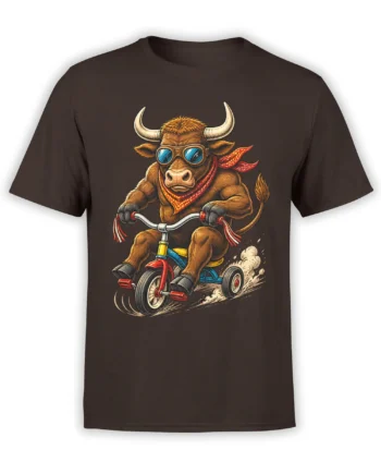 Brown T-shirt with a goggle-wearing bull riding a blue tricycle and wearing a red neckerchief