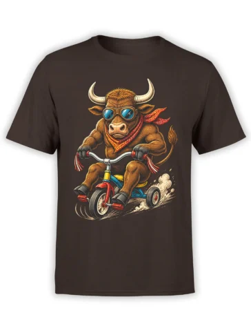 Brown T-shirt with a goggle-wearing bull riding a blue tricycle and wearing a red neckerchief