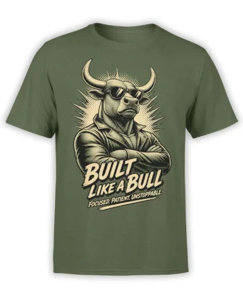 Unstoppable bull T-shirt in green with sunglasses, crossed arms, suit, and bold motivational lettering