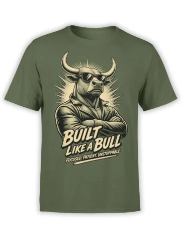 Unstoppable bull T-shirt in green with sunglasses, crossed arms, suit, and bold motivational lettering
