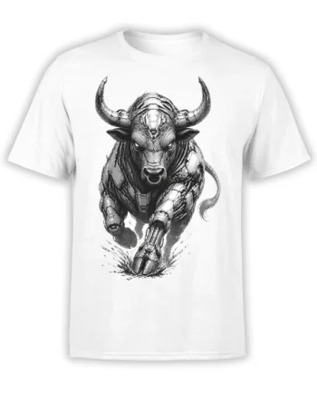 White T-shirt with a charging bull graphic, sweeping horns, mechanical armor, and a fierce black-and-white illustration