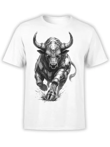 White T-shirt with a charging bull graphic, sweeping horns, mechanical armor, and a fierce black-and-white illustration