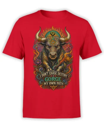 Ornate mystical bull graphic with flames, flowers, and “I Don’t Chase Destiny” text on a red T-shirt