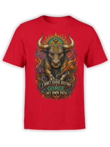 Ornate mystical bull graphic with flames, flowers, and “I Don’t Chase Destiny” text on a red T-shirt