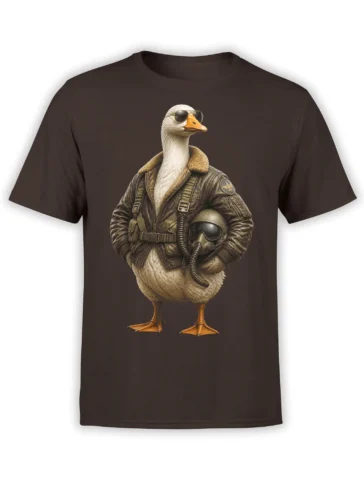 Aviator goose wearing sunglasses, flight jacket, helmet, and breathing mask on a brown T-shirt