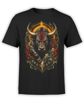 Ornate bull head with large horns and red, gold, and teal details on a black T-shirt