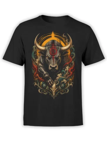Ornate bull head with large horns and red, gold, and teal details on a black T-shirt