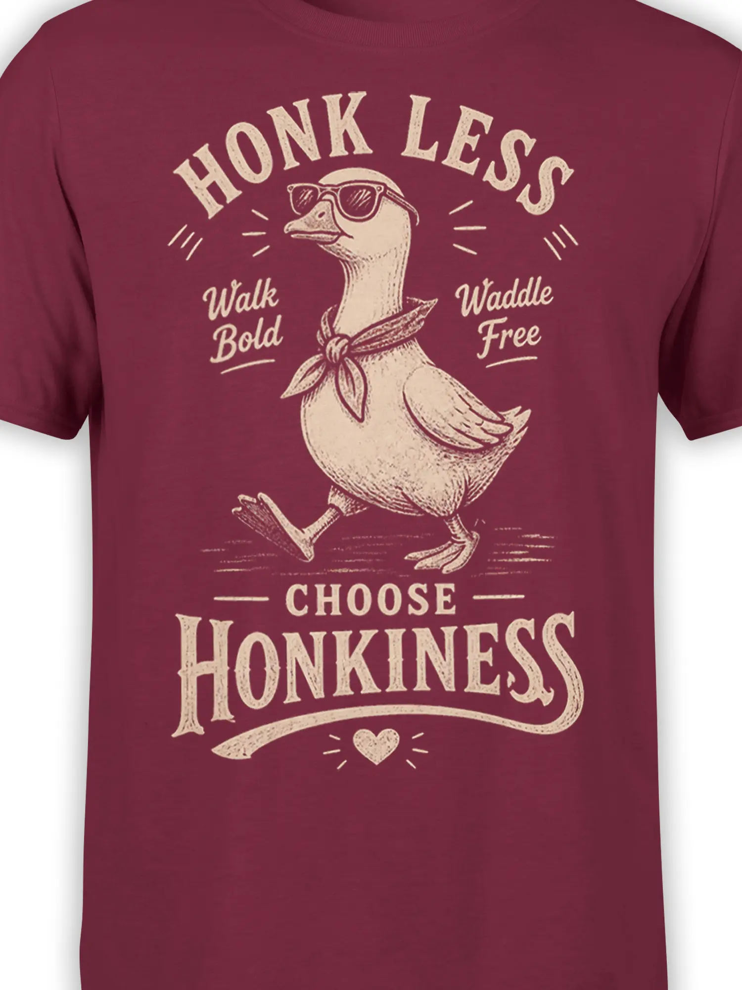 Close-up of a burgundy goose graphic with sunglasses, scarf, and vintage Honk Less lettering