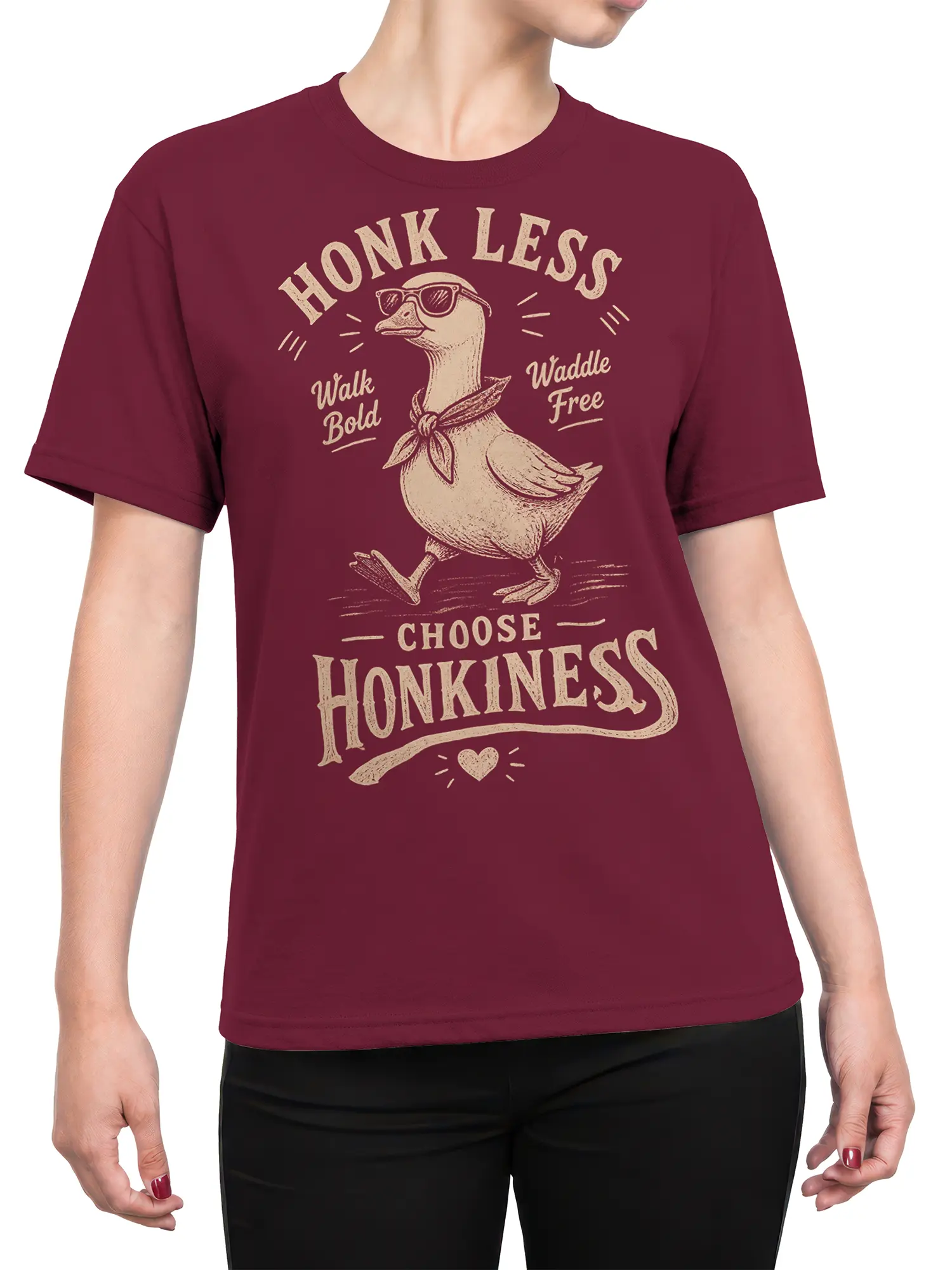 Female torso wearing a burgundy goose T-shirt with sunglasses, scarf, and the phrase Choose Honkiness
