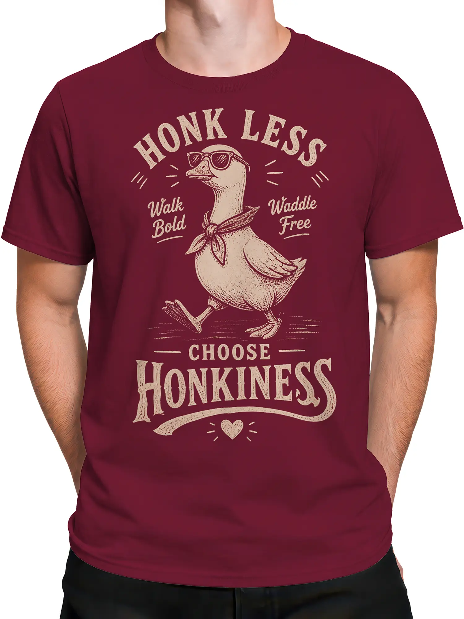 Male torso wearing a burgundy goose T-shirt with vintage lettering and a confident bird graphic