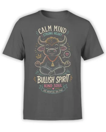 Gray T-shirt with a meditating bull, colorful lettering, and the message Calm Mind, Strong Heart