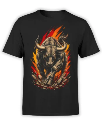 Fierce charging bull with curved horns and fiery red, orange, and yellow artwork on a black T-shirt