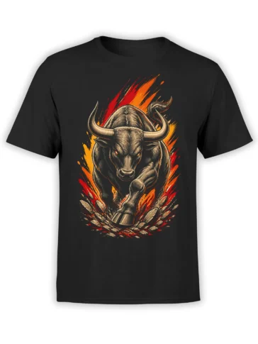 Fierce charging bull with curved horns and fiery red, orange, and yellow artwork on a black T-shirt