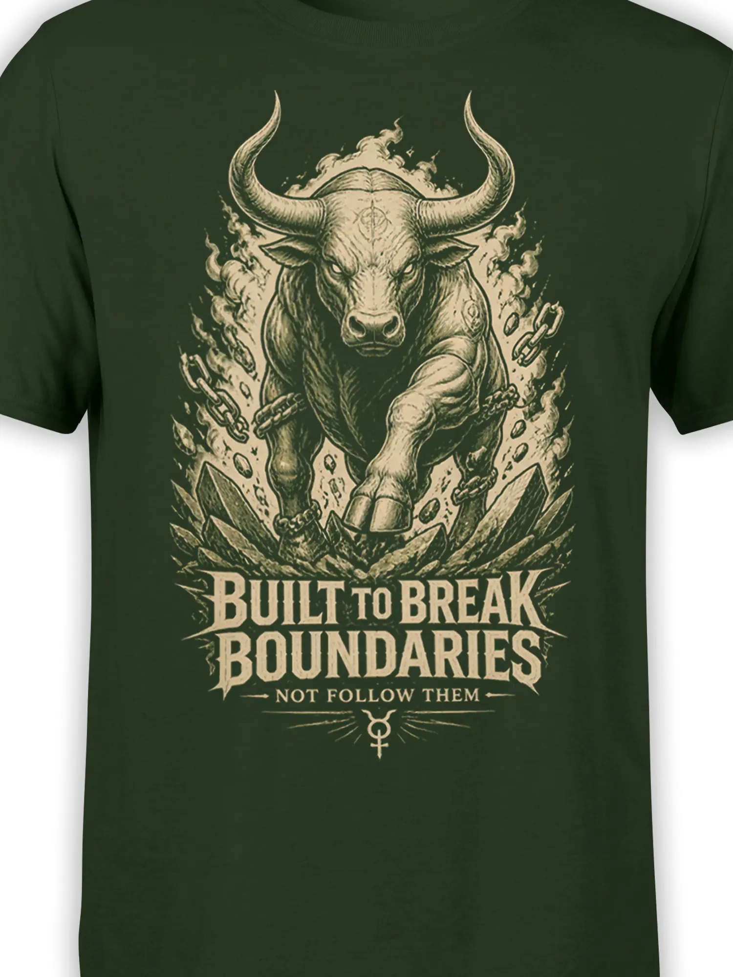 Close-up of vintage bull artwork, broken chains, crystals, and bold lettering on a green T-shirt