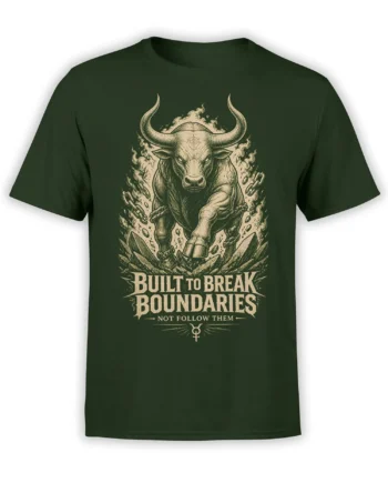 Vintage bull graphic breaking chains with crystals and bold boundary message on a green T-shirt