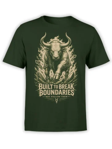 Vintage bull graphic breaking chains with crystals and bold boundary message on a green T-shirt