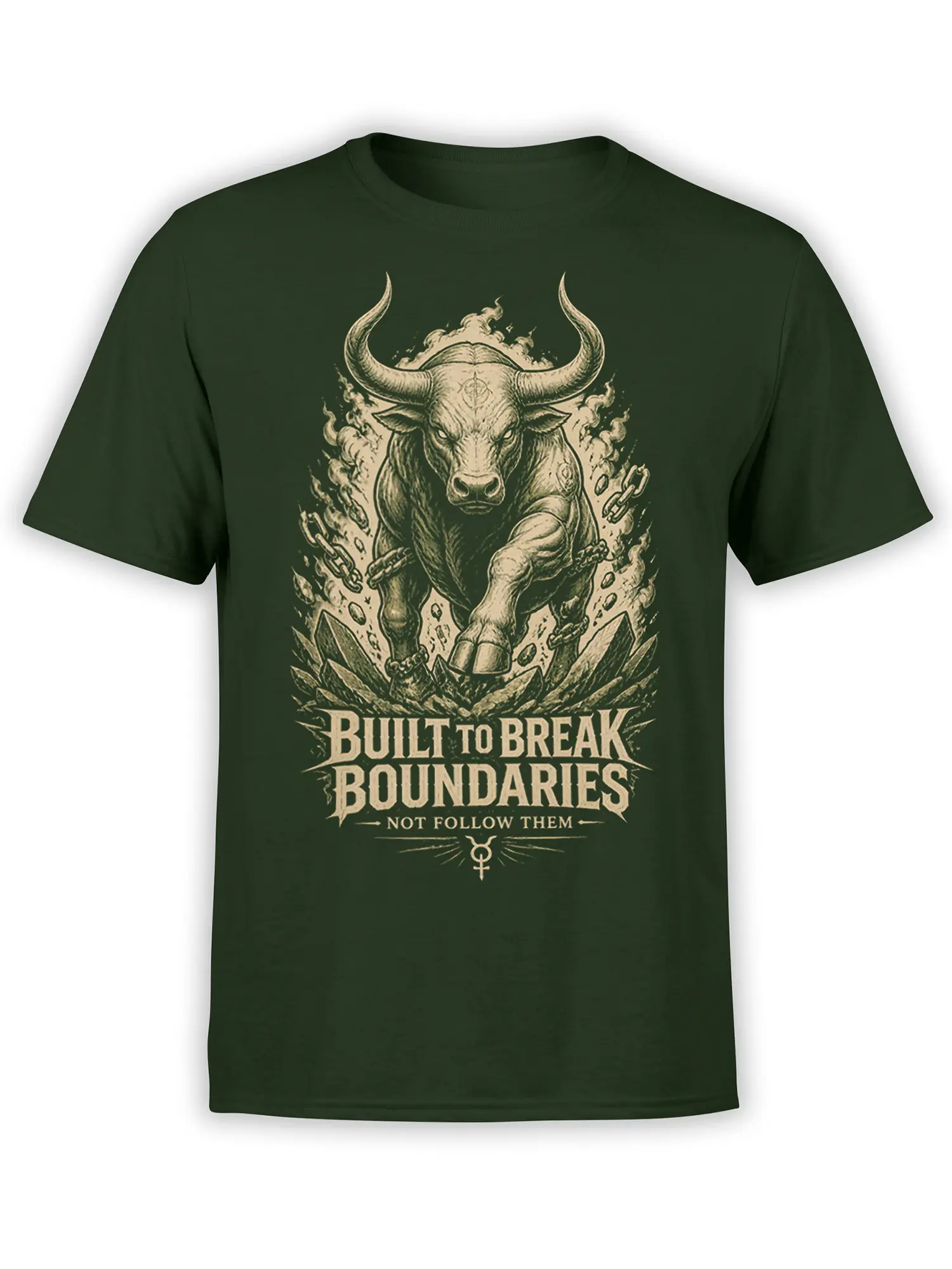 Vintage bull graphic breaking chains with crystals and bold boundary message on a green T-shirt