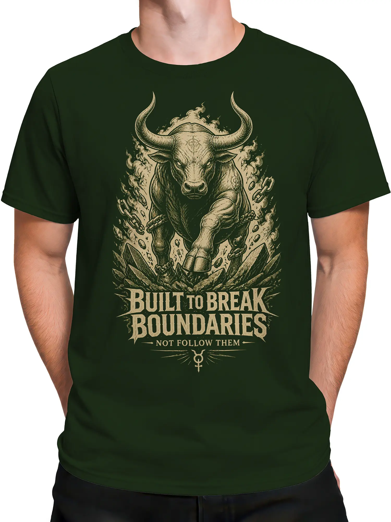 Male torso wearing a green T-shirt with a horned bull graphic and broken chain design