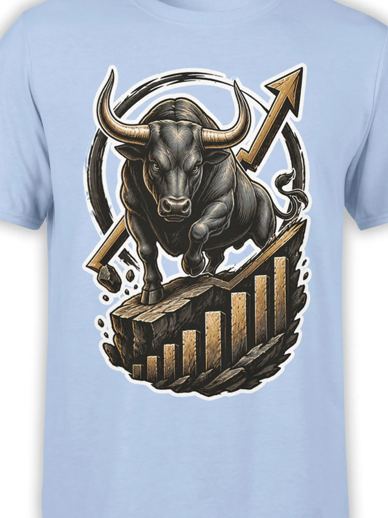 Close-up of charging bull market artwork with chart bars and arrow on a light blue shirt