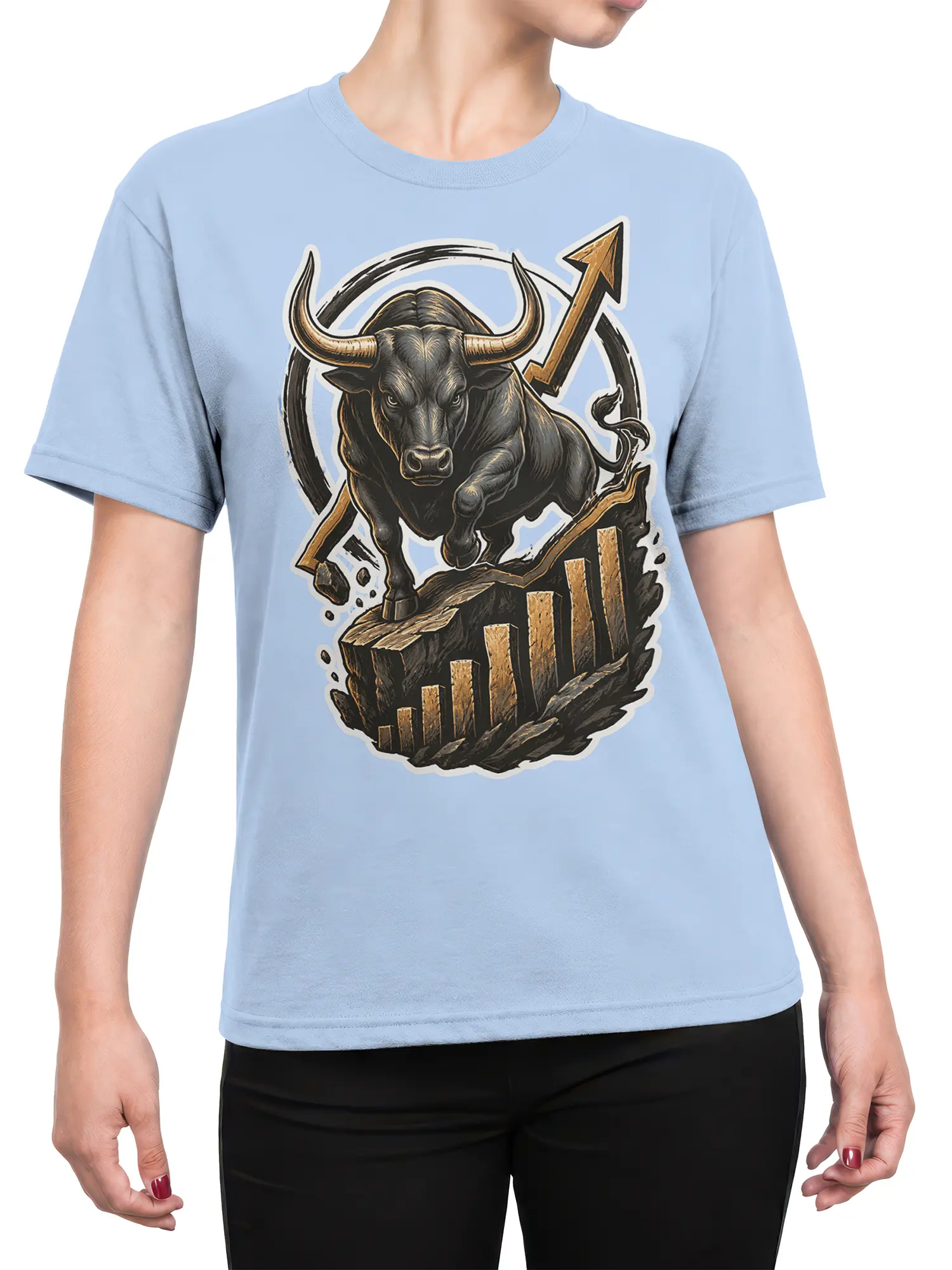 Female torso wearing a light blue T-shirt with charging bull and rising market chart design