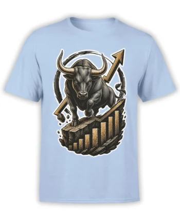 Charging dark bull with an upward arrow and rising bar chart on a light blue graphic T-shirt