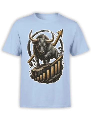 Charging dark bull with an upward arrow and rising bar chart on a light blue graphic T-shirt