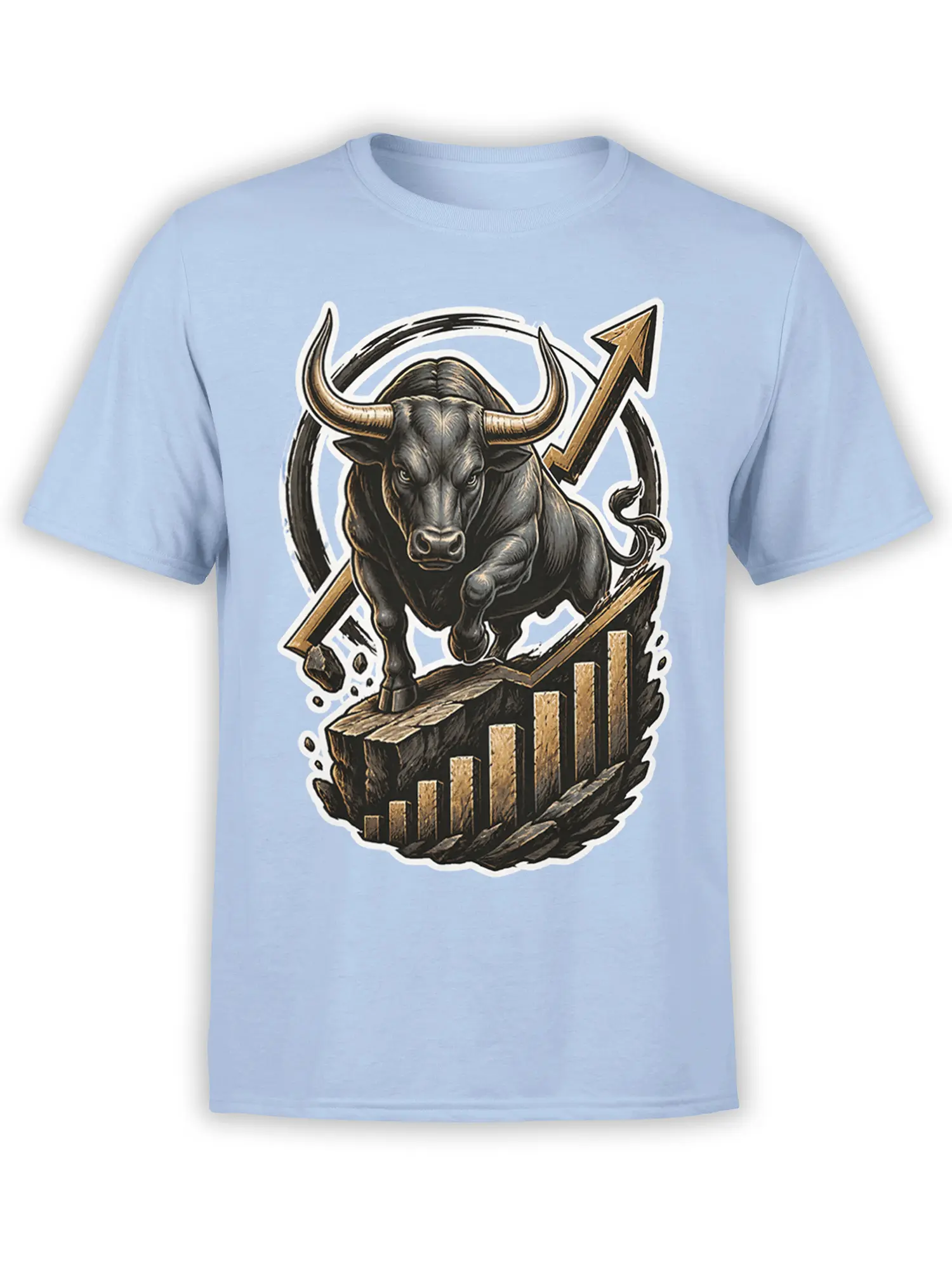 Charging dark bull with an upward arrow and rising bar chart on a light blue graphic T-shirt