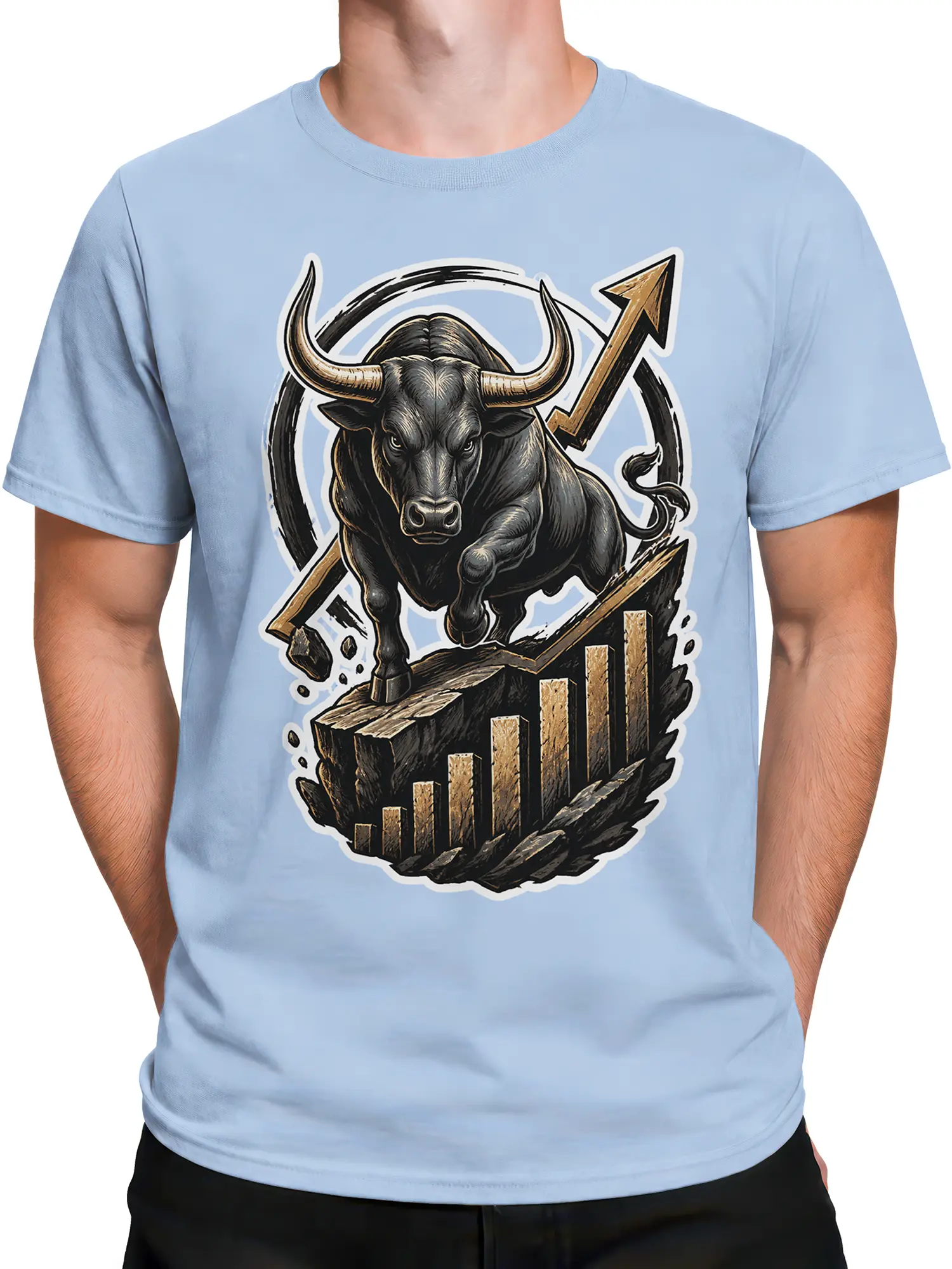 Male torso wearing a light blue charging bull market graphic T-shirt