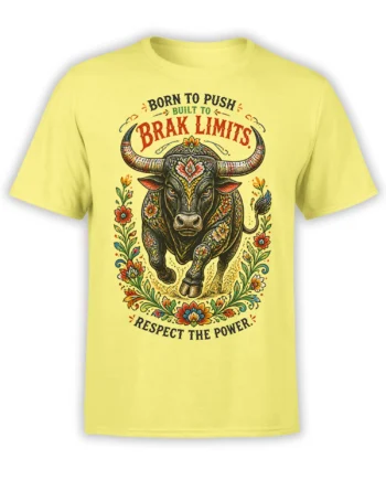 Ornate charging bull T-shirt in yellow with flowers and “Born to Push” motivational lettering