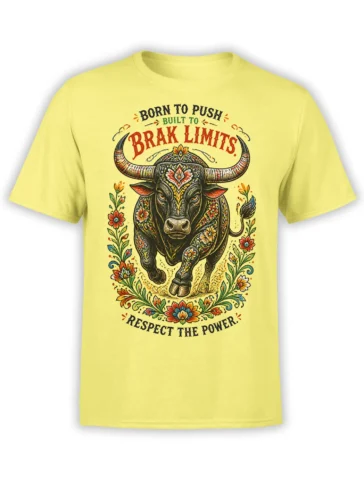 Ornate charging bull T-shirt in yellow with flowers and “Born to Push” motivational lettering