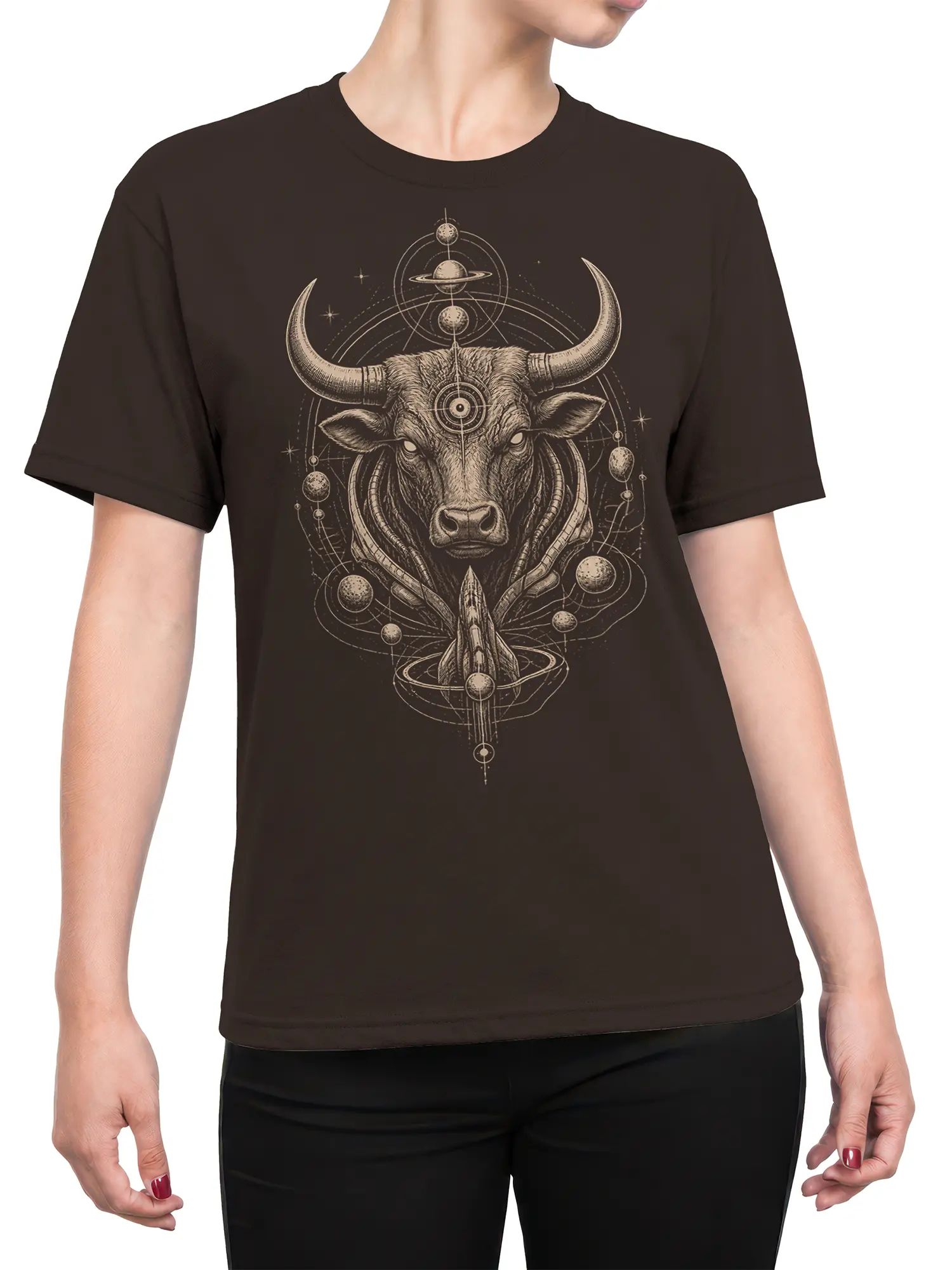Female torso wearing a dark brown T-shirt with a celestial bull, planets, orbital lines, and rocket graphic