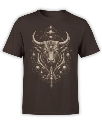 Celestial bull graphic with planets, orbital rings, and a rocket printed on a dark brown T-shirt