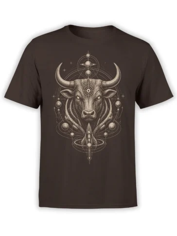 Celestial bull graphic with planets, orbital rings, and a rocket printed on a dark brown T-shirt