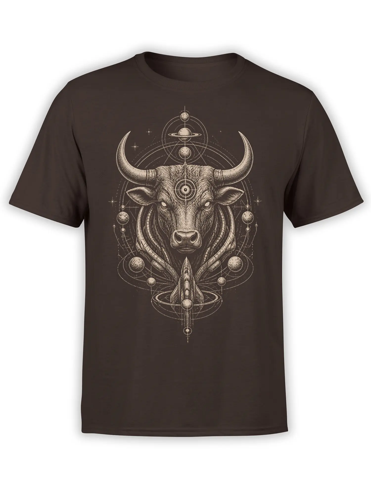 Celestial bull graphic with planets, orbital rings, and a rocket printed on a dark brown T-shirt