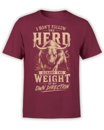 Vintage charging bull graphic with bold cream lettering on a burgundy T-shirt
