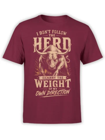 Vintage charging bull graphic with bold cream lettering on a burgundy T-shirt