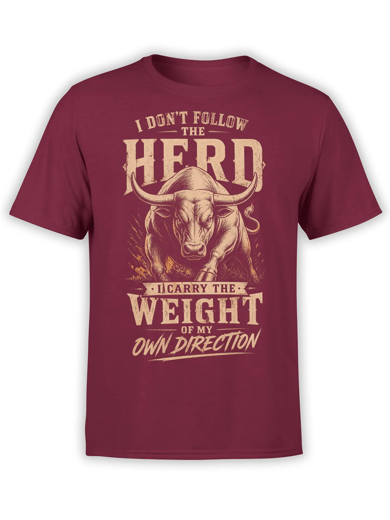 Vintage charging bull graphic with bold cream lettering on a burgundy T-shirt